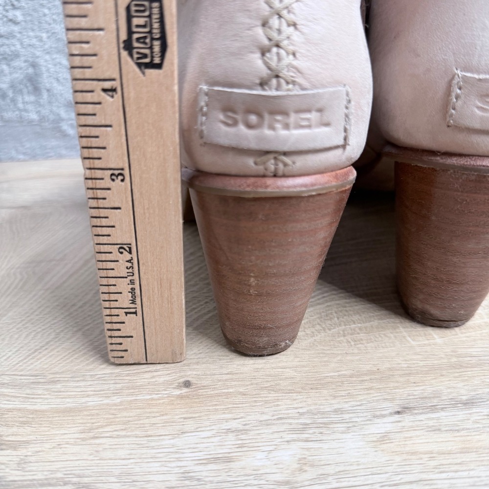 Sorel Lolla Peep Toe Bootie Womens 7 Beige Leather Stacked Heel Side Zip Shoes - Picture 10 of 12